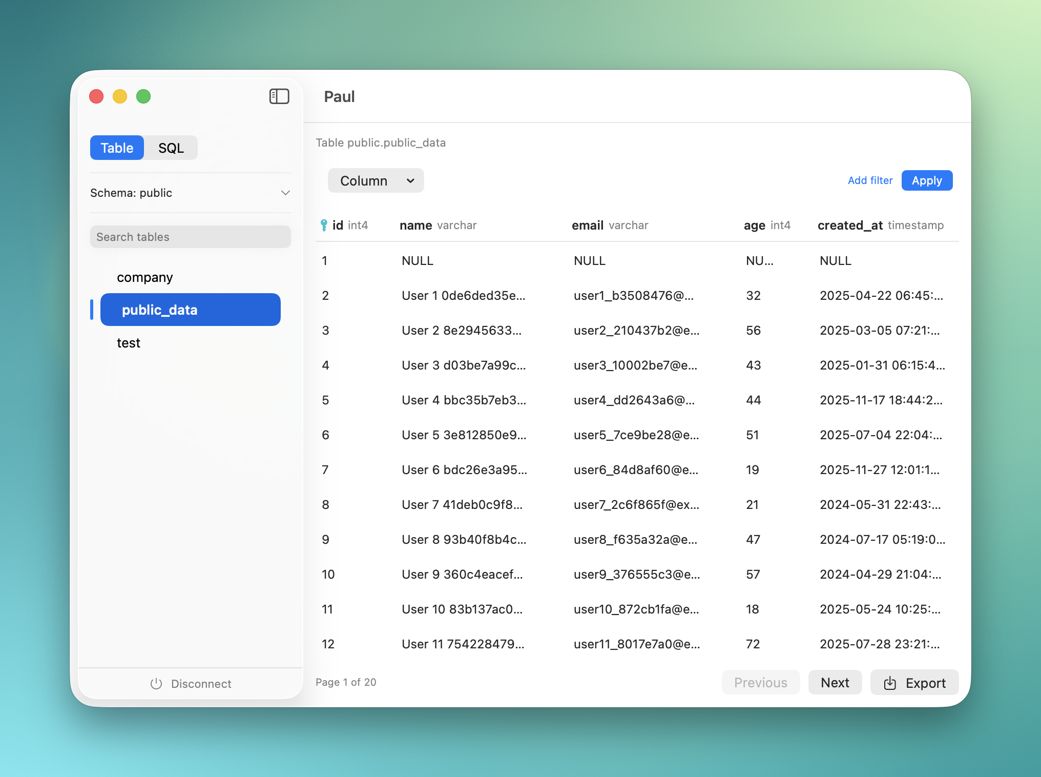 Paul — table view with filters